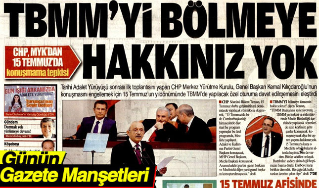 13 Temmuz 2017 Gazete Manşetleri