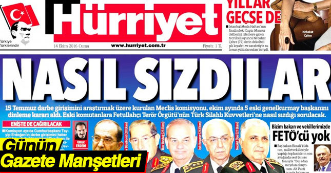 14 Ekim 2016 gazete manşetleri