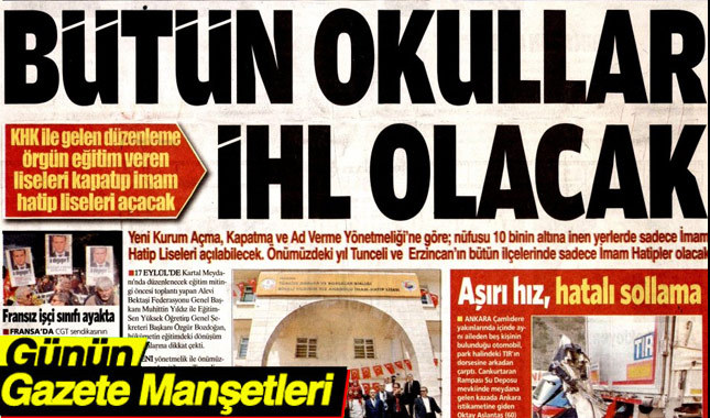 14 Eylül 2017 Gazete Manşetleri