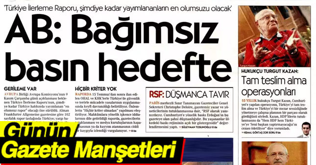 7 Kasım 2016 Gazete Manşetleri