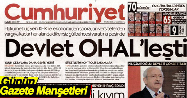 8 Ocak 2017 Gazete Manşetleri