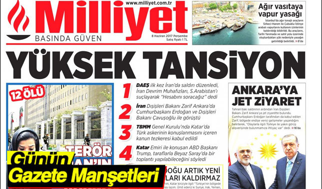 8 haziran 2017 perşembe gazete manşetleri