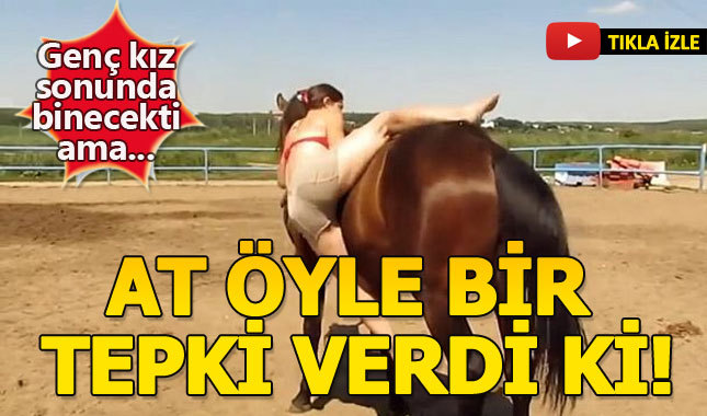Ata bir türlü binemeyen genç kıza atın verdiği şok tepki...