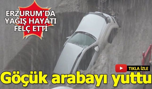 Erzurum'da sağanak sonrası çöken yola bir araba düştü!