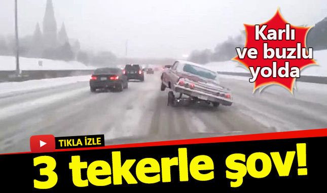 Karlı yolda üç teker üzerinde araba sürmek!
