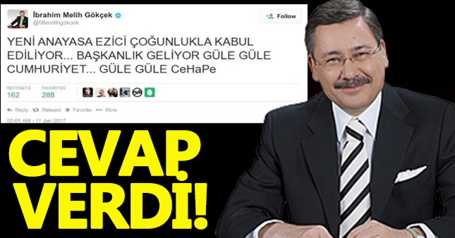 Melih Gökçek'ten Anayasa tweetine cevap geldi