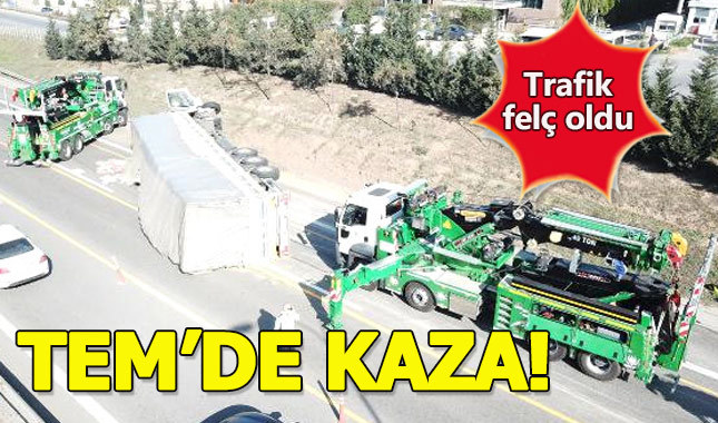 TEM'de TIR takla attı! Uzun kuyruklar oluştu