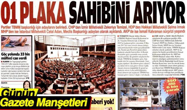 14 Kasım 2017 gazete manşetleri oku - Hürriyet Sabah Milliyet Sözcü Habertürk Vatan Cumhuriyet