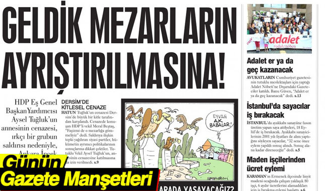 15 Eylül 2017 Gazete Manşetleri