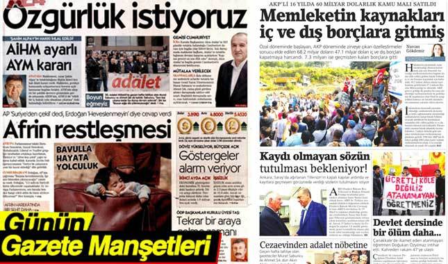 16 Ocak 2018 Gazete Manşetleri
