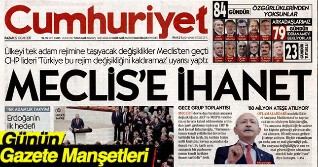22 Ocak 2017 Gazete Manşetleri