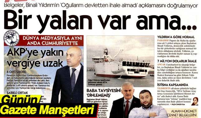 Gazete manşetleri Sözcü - Hürriyet manşet - Habertürk manşet oku 8 Kasım 2017