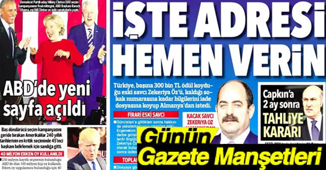 9 Kasım 2016 Gazete Manşetleri