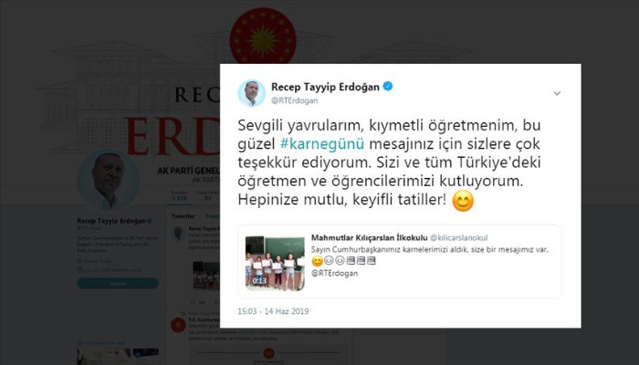 Cumhurbaşkanı Erdoğan çocukların karne sevincini paylaştı