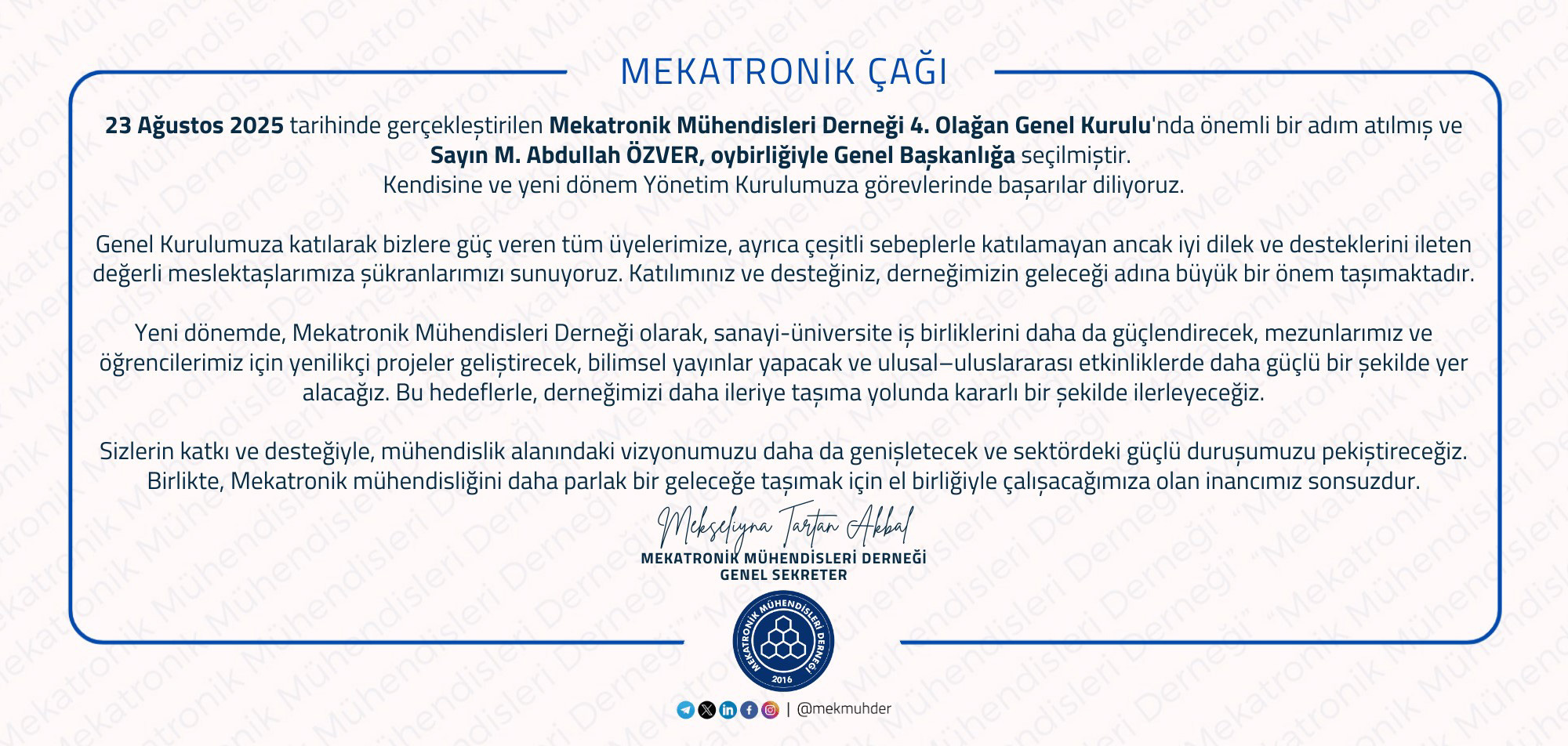 Mekatronik Mühendisleri Derneği'nden yapılan yazılı basın duyurusu