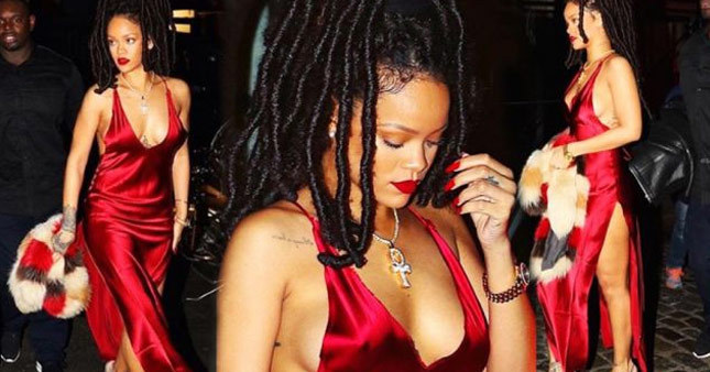 Rihanna kırmızı elbisesiyle nefes kesti