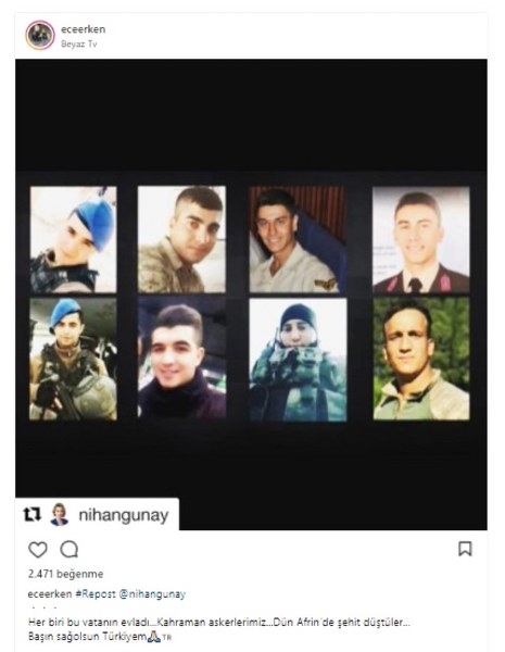 Ünlülerin Afrin şehitleri için yaptığı paylaşımlar sosyal medyayı salladı A24